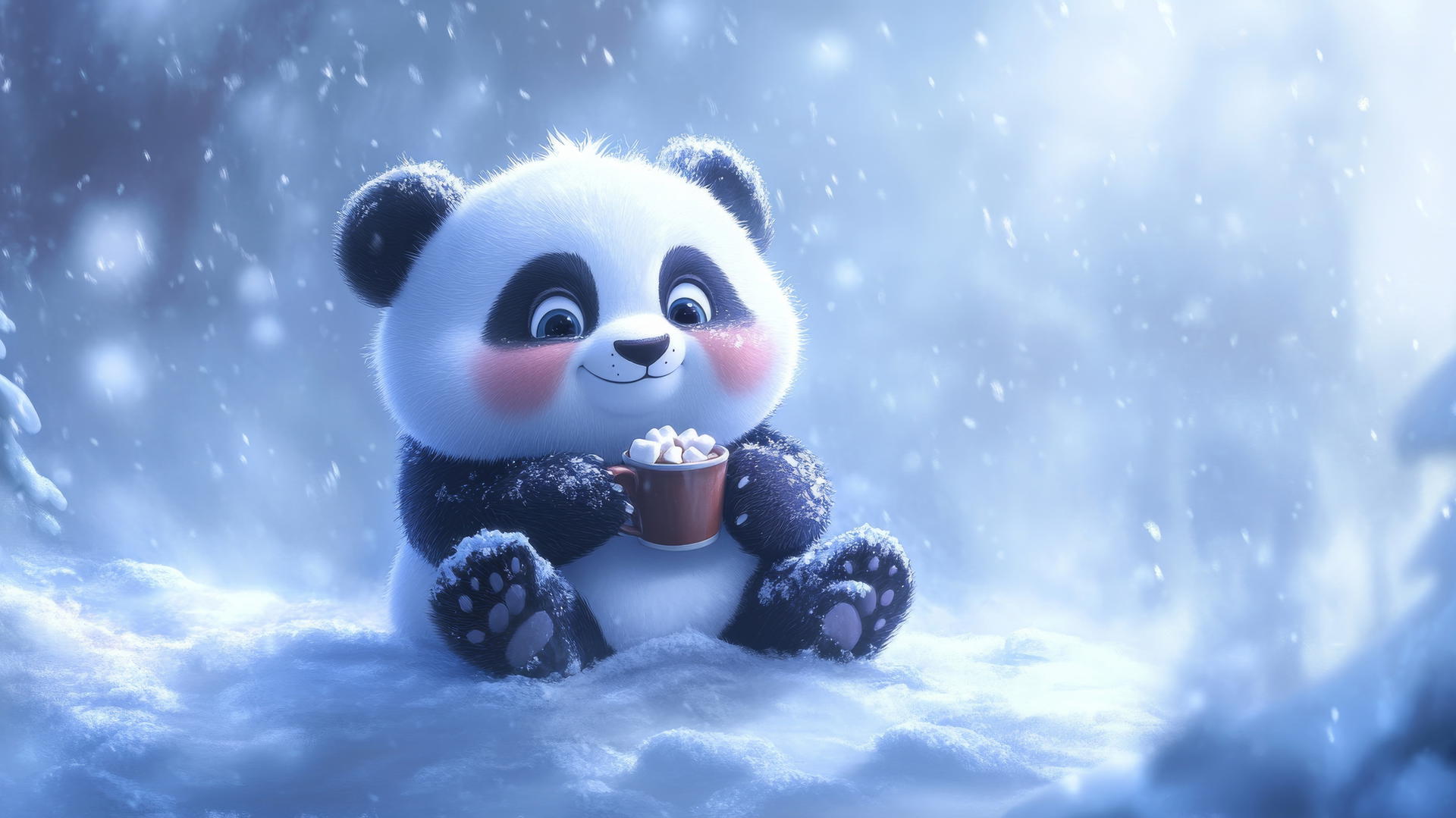 Cute panda wallpaper with a chubby panda holding hot cocoa in snow