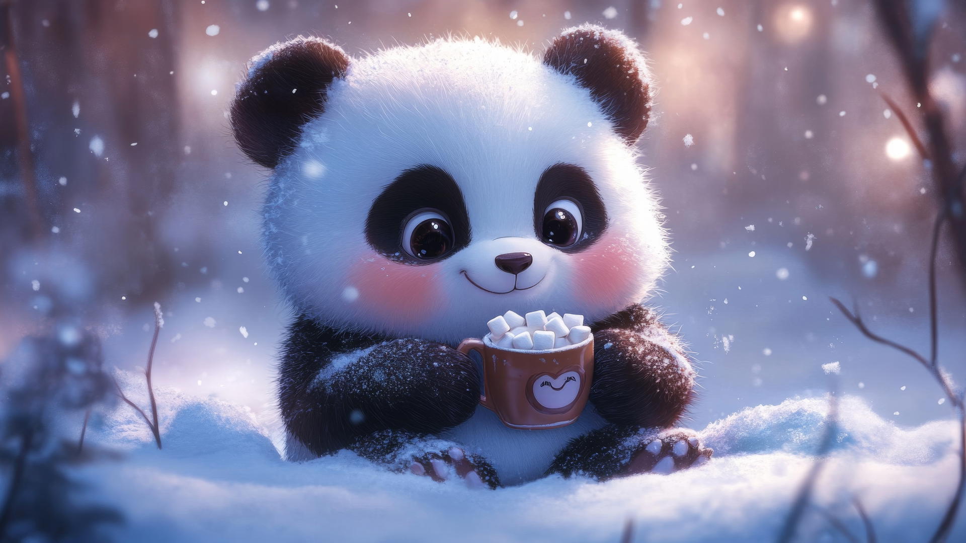 cute panda wallpaper with a rosy-cheeked panda holding hot cocoa in the snow