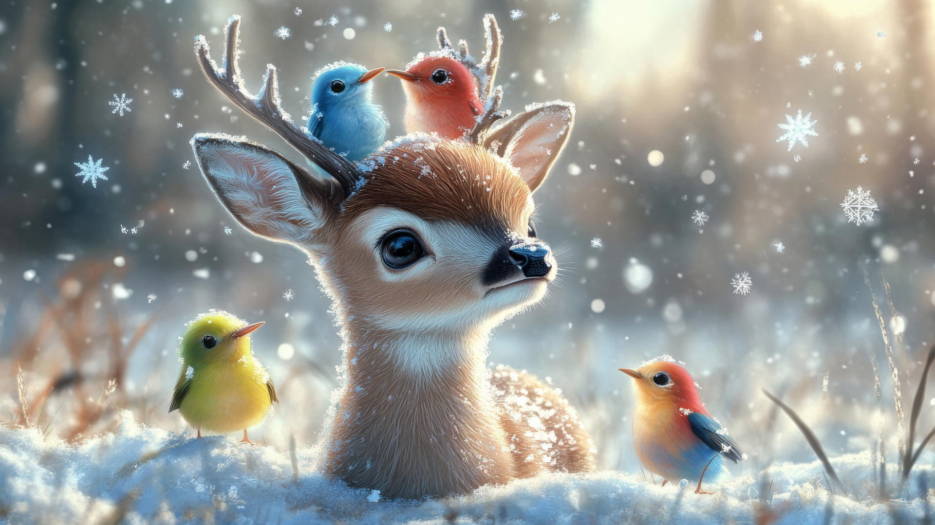 Cute winter wallpaper with a baby deer with fuzzy antlers, colorful birds on its back in a snowy field