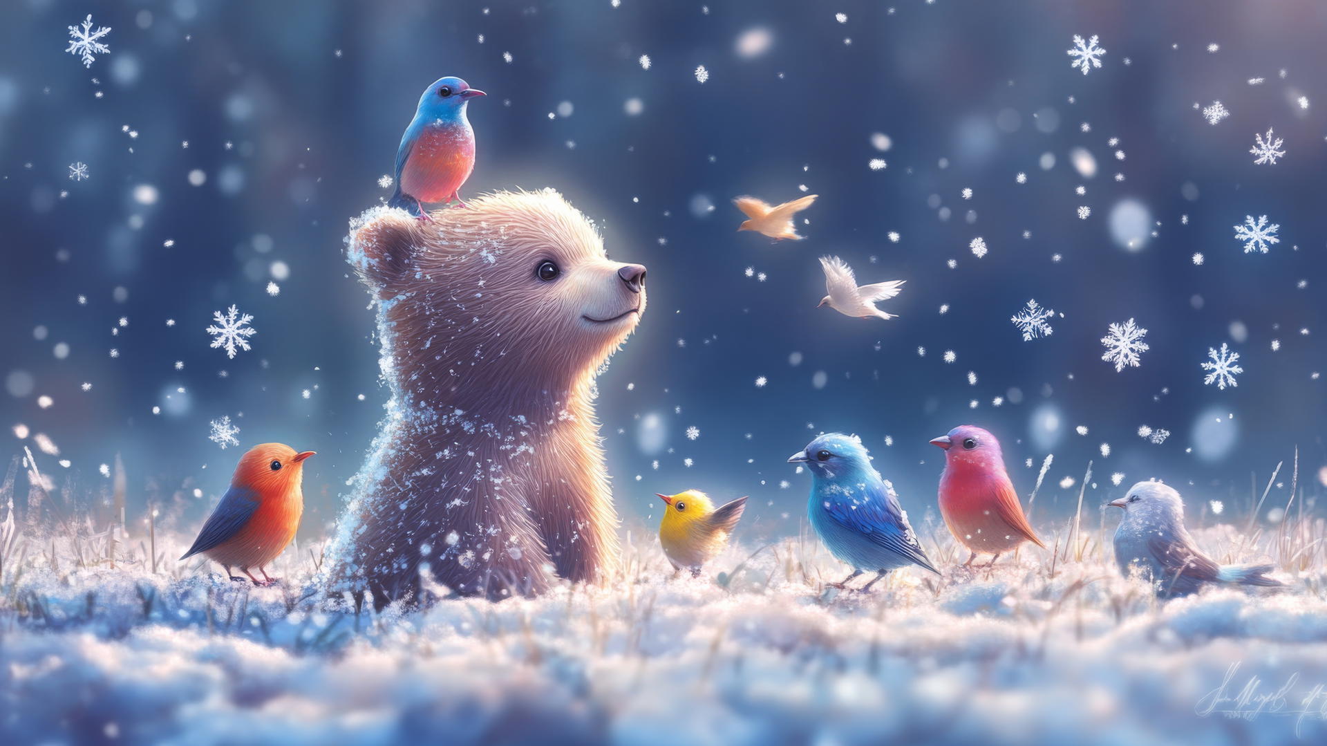 Cute winter wallpaper with a baby bear in a snowy field, colorful birds on its back, and falling snowflakes.