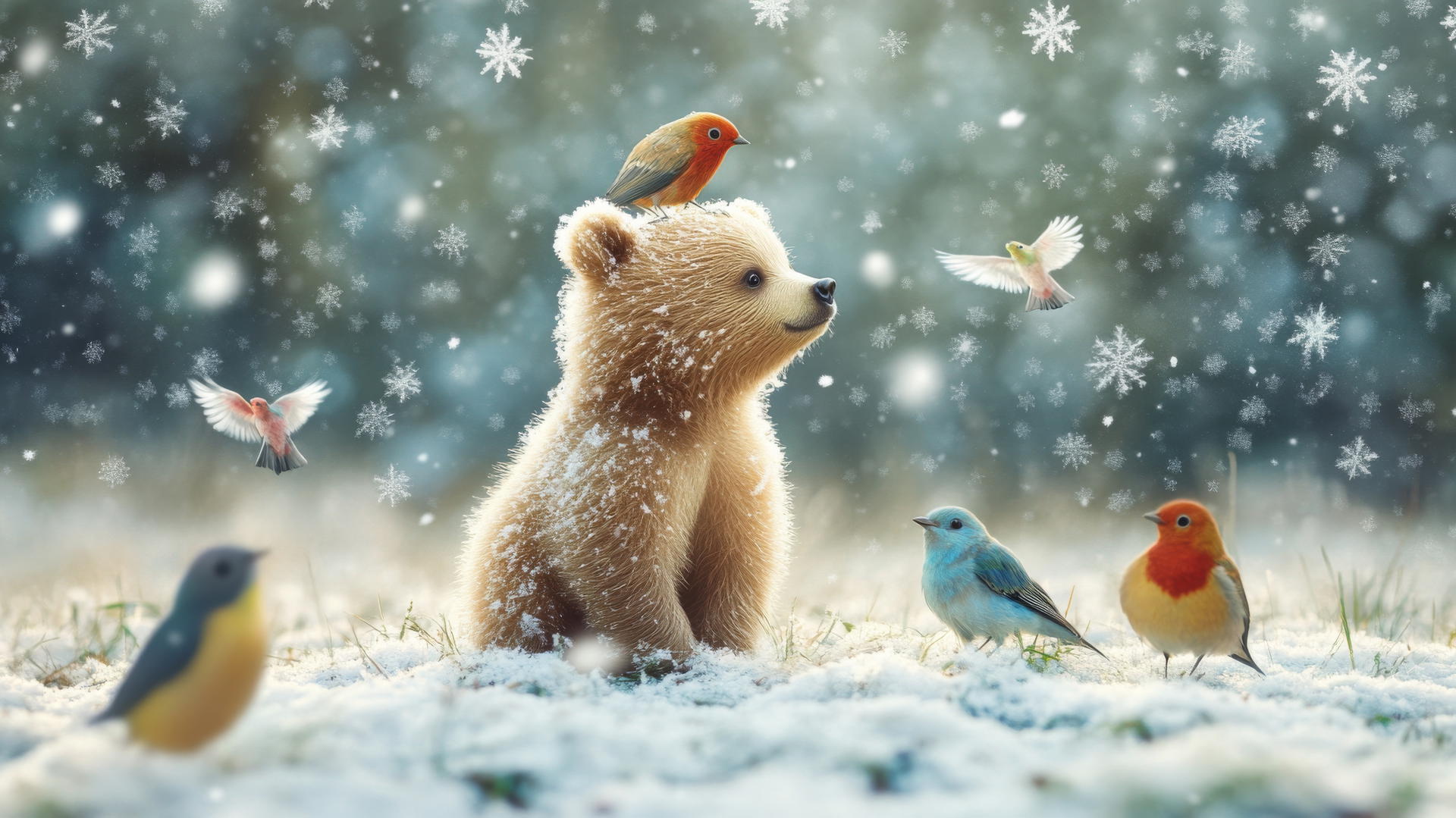 Baby bear with colorful birds in snowy field, cute winter wallpaper