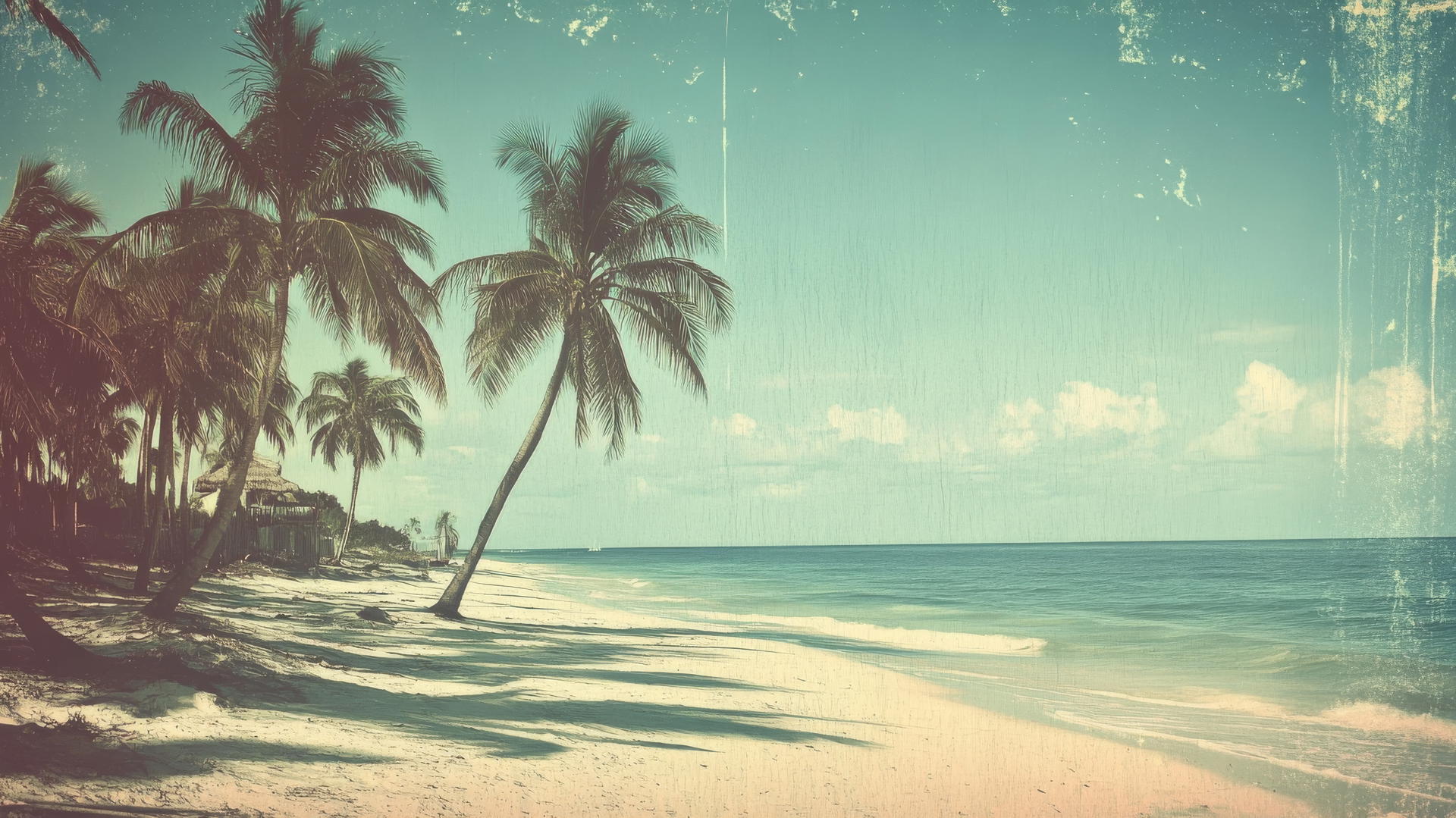 vintage-style beach with muted tones, faded colors, and palm trees, beach aesthetic wallpaper