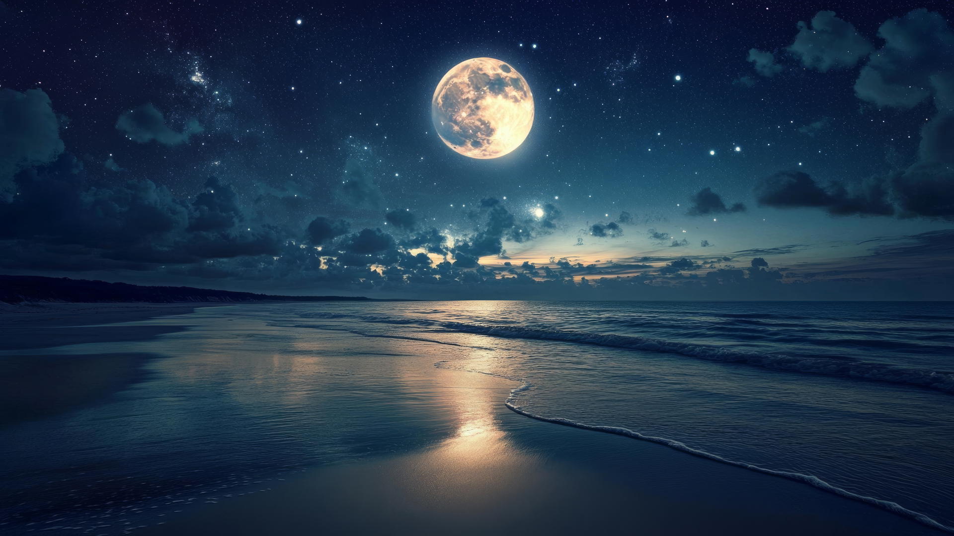 Aesthetic beach wallpaper at night with moon reflecting on water