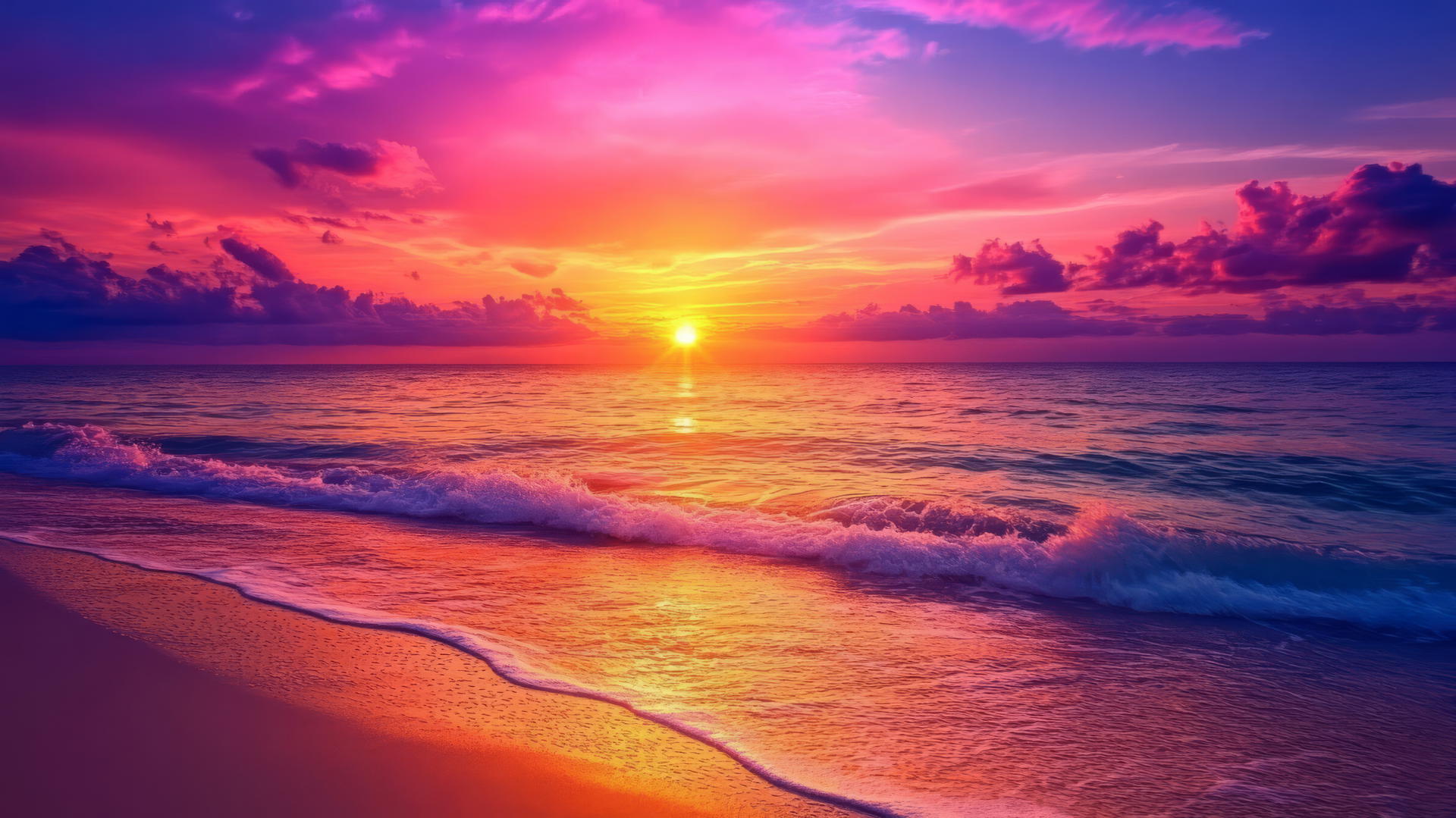 vibrant beach sunset wallpaper with deep oranges, pinks, purples, and gentle waves