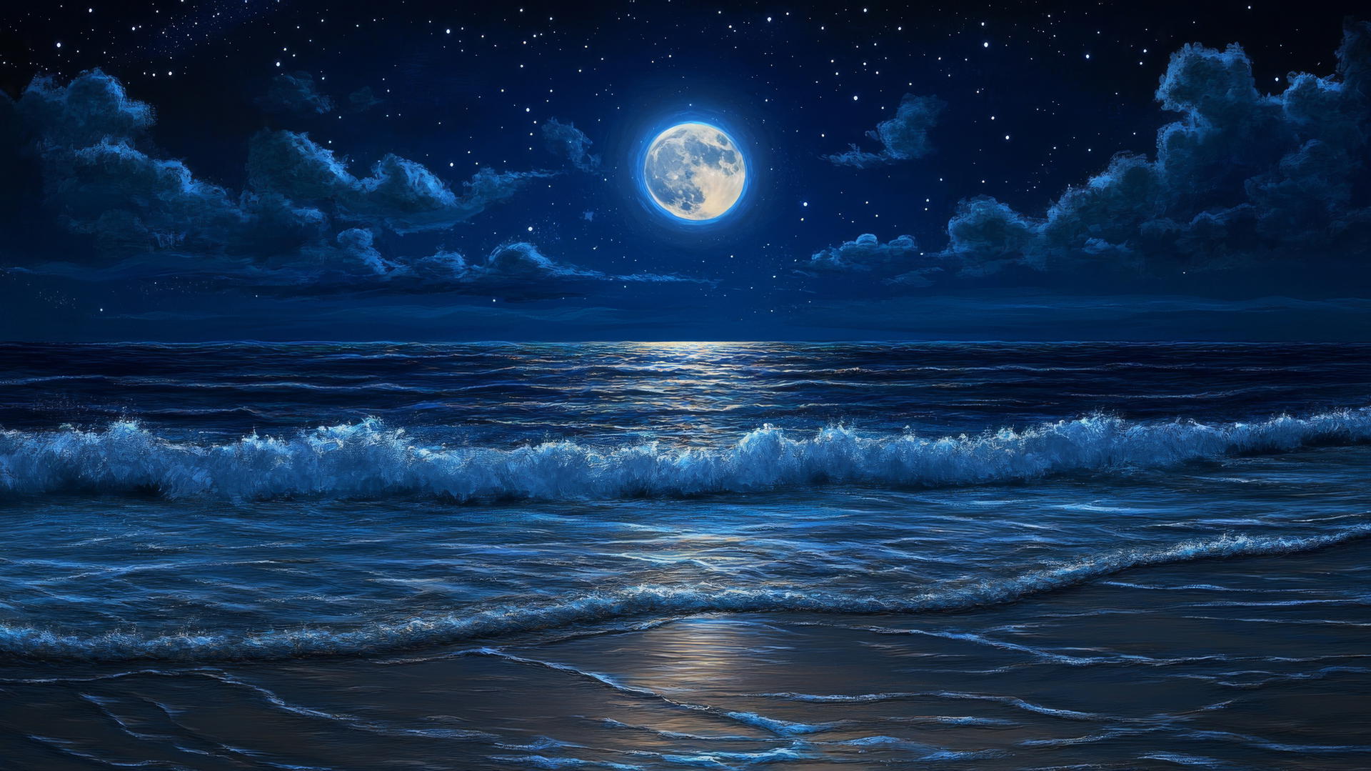 Nighttime beach background wallpaper with full moon, glowing waves, and twinkling stars