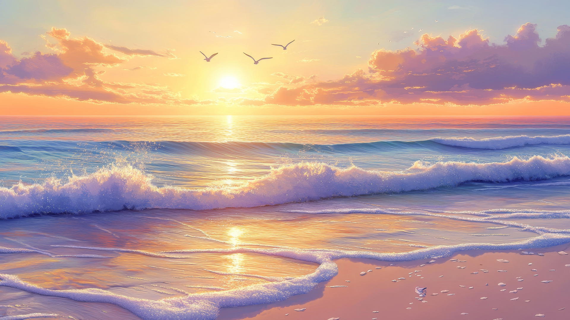 beach sunset wallpaper with sun's glow casting shadows, seagulls flying, gentle waves sparkling
