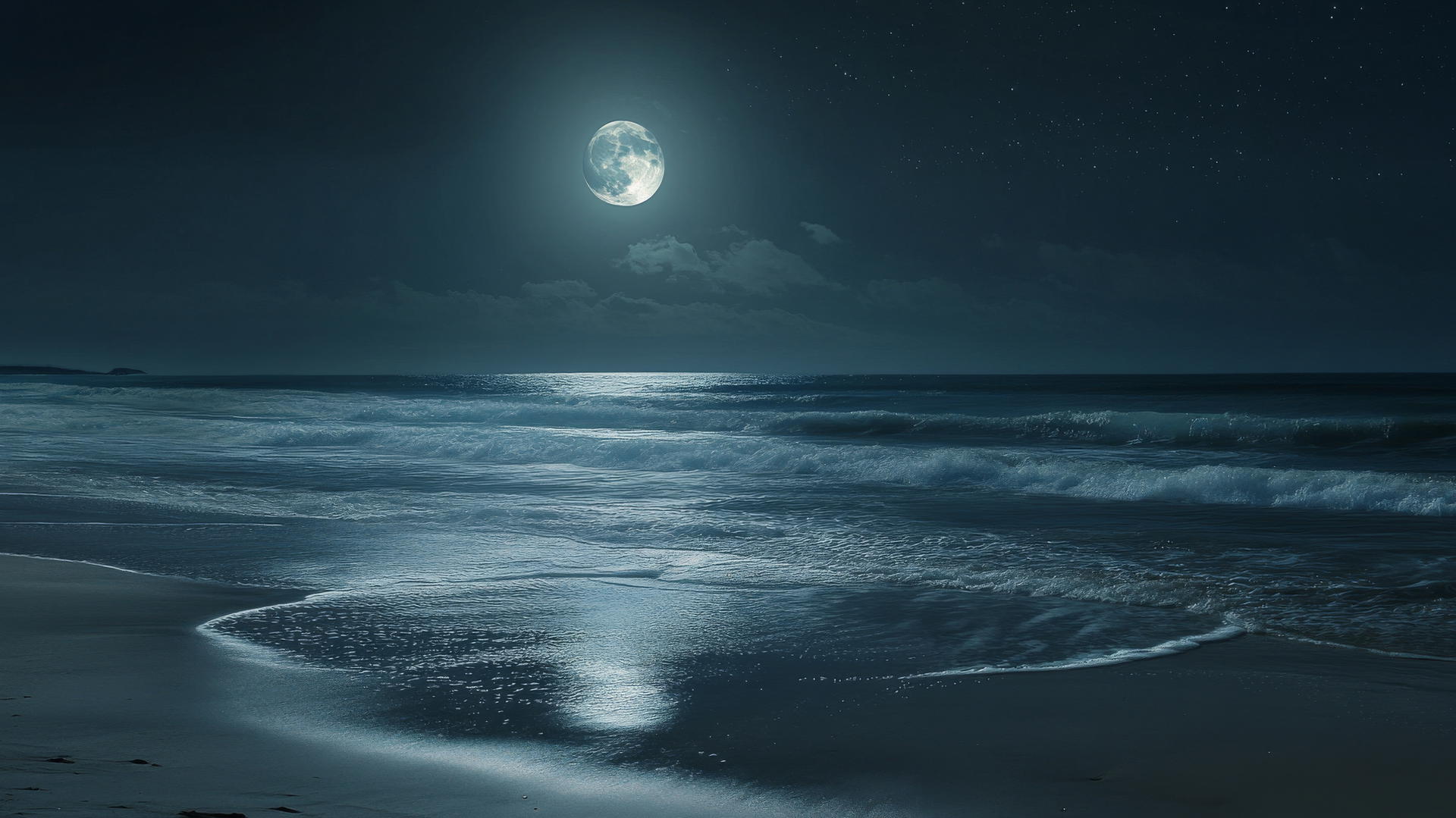 A serene nighttime beach background wallpaper with full moon reflecting on ocean.