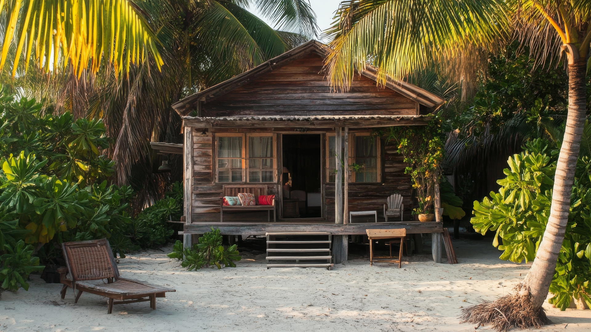 rustic beach house with tropical plants and soft sand leading to the beach, beach house wallpaper