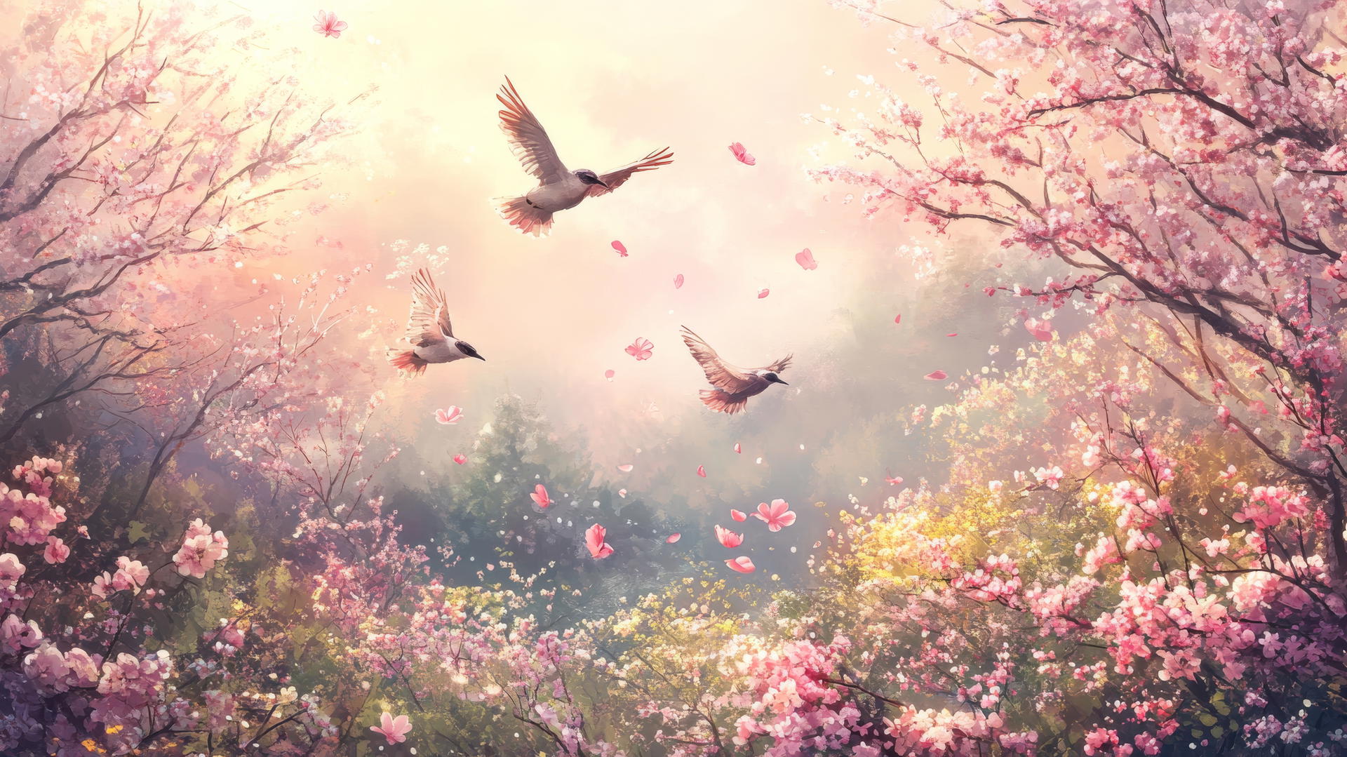 spring wallpaper with birds flying over a blooming landscape with trees in the background