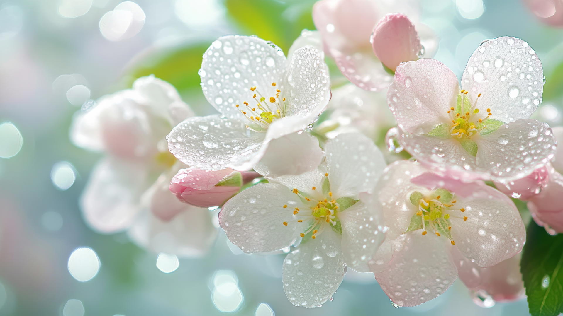 spring wallpaper of newly bloomed flowers with water droplets