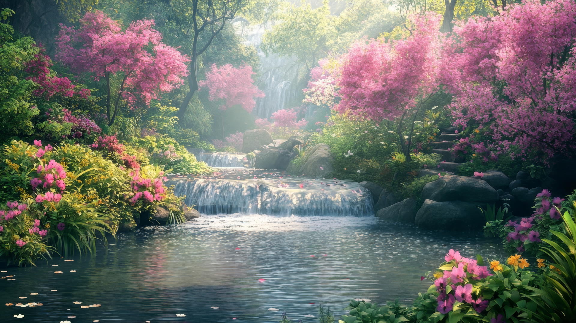 tranquil spring wallpaper with flowing river and blooming plants