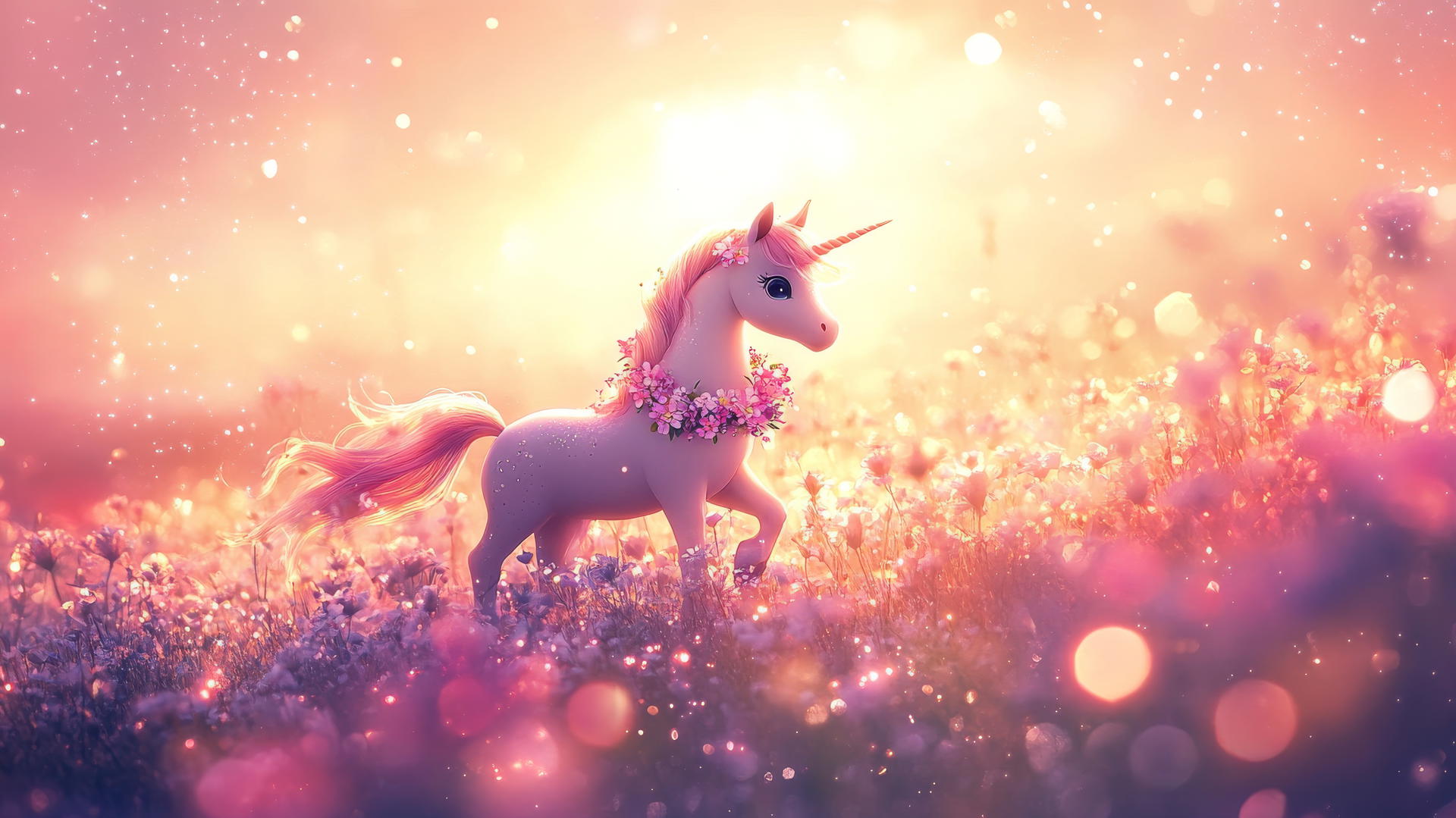 cute spring wallpaper with tiny unicorn and flower garland