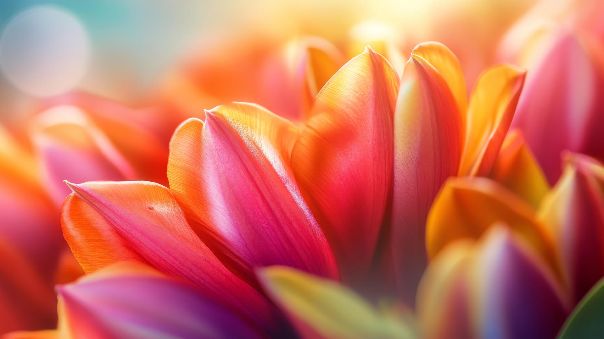 Spring flowers wallpaper with vibrant, colorful petals illuminated by soft sunlight
