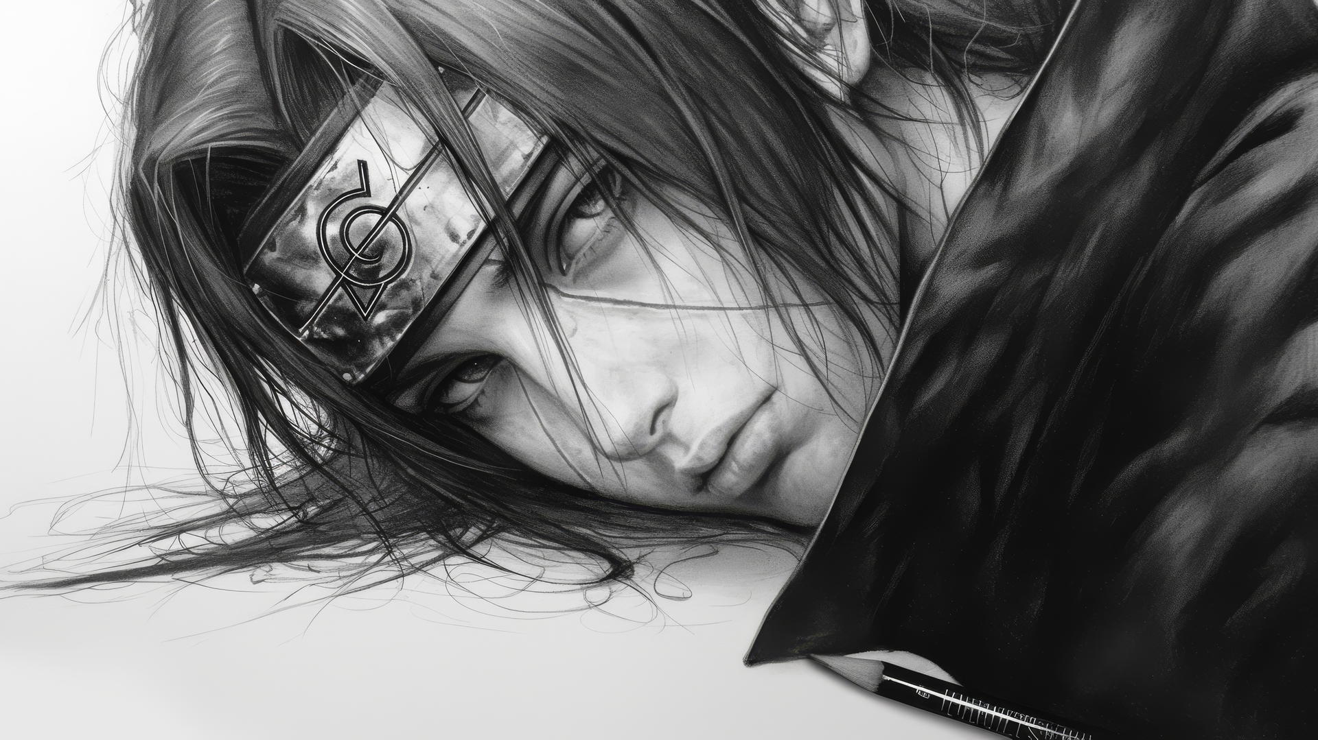 Photorealistic Itachi Uchiha drawing with intricate details