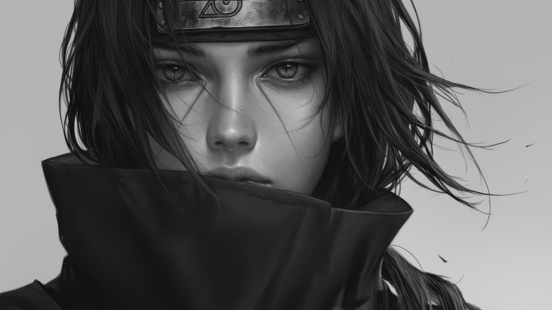 itachi uchiha drawing with lifelike expression, graphite pencil