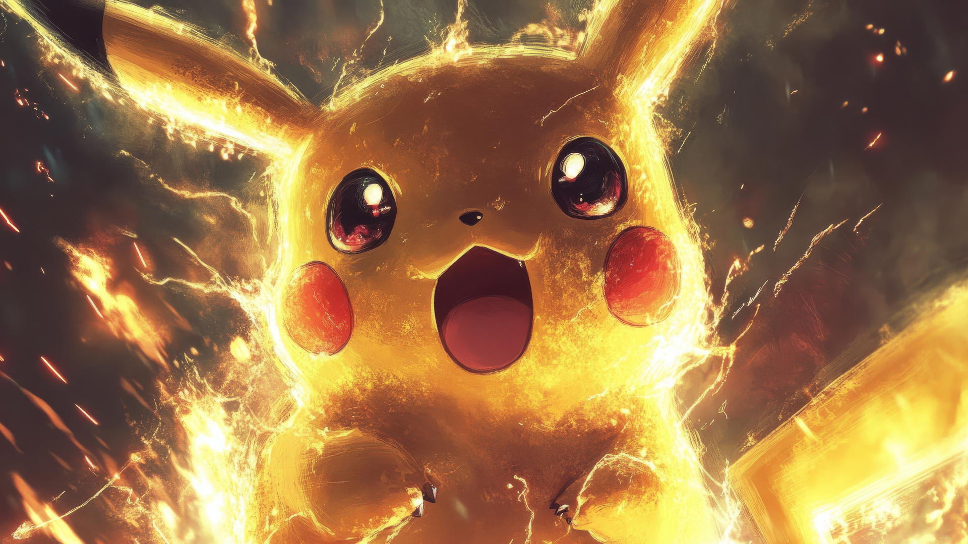 Surprised Pikachu with big sparkling eyes and open mouth, anime style