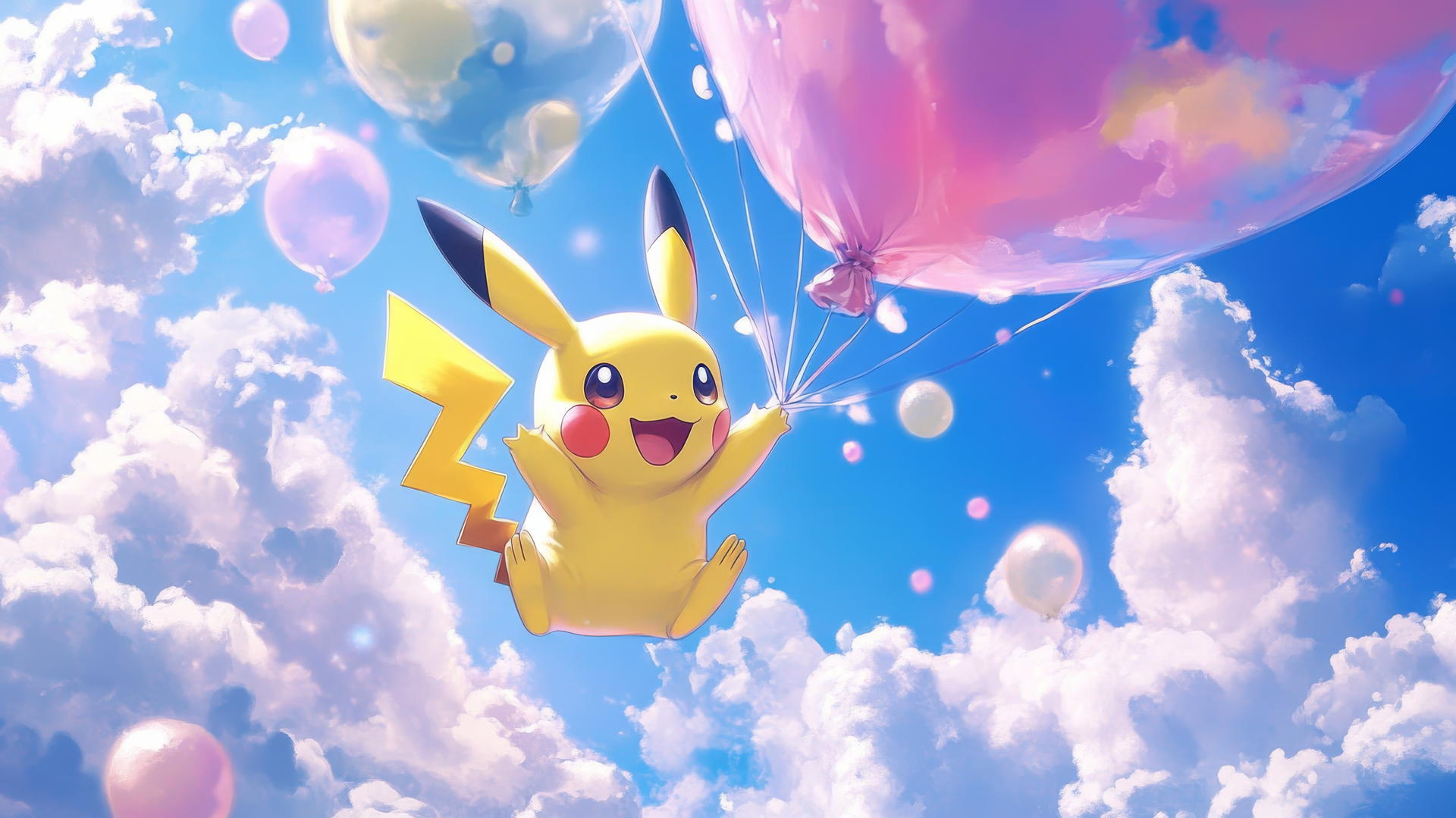 Pikachu flying with balloon wings surrounded by puffy clouds