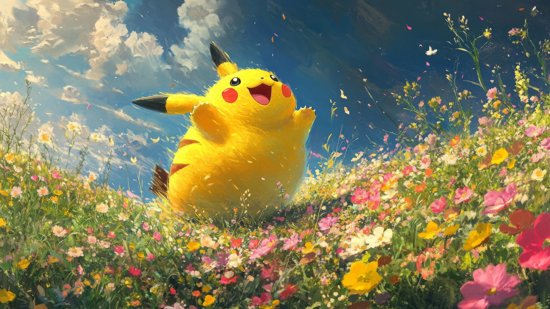 Fat Pikachu rolling down a flower-covered hill
