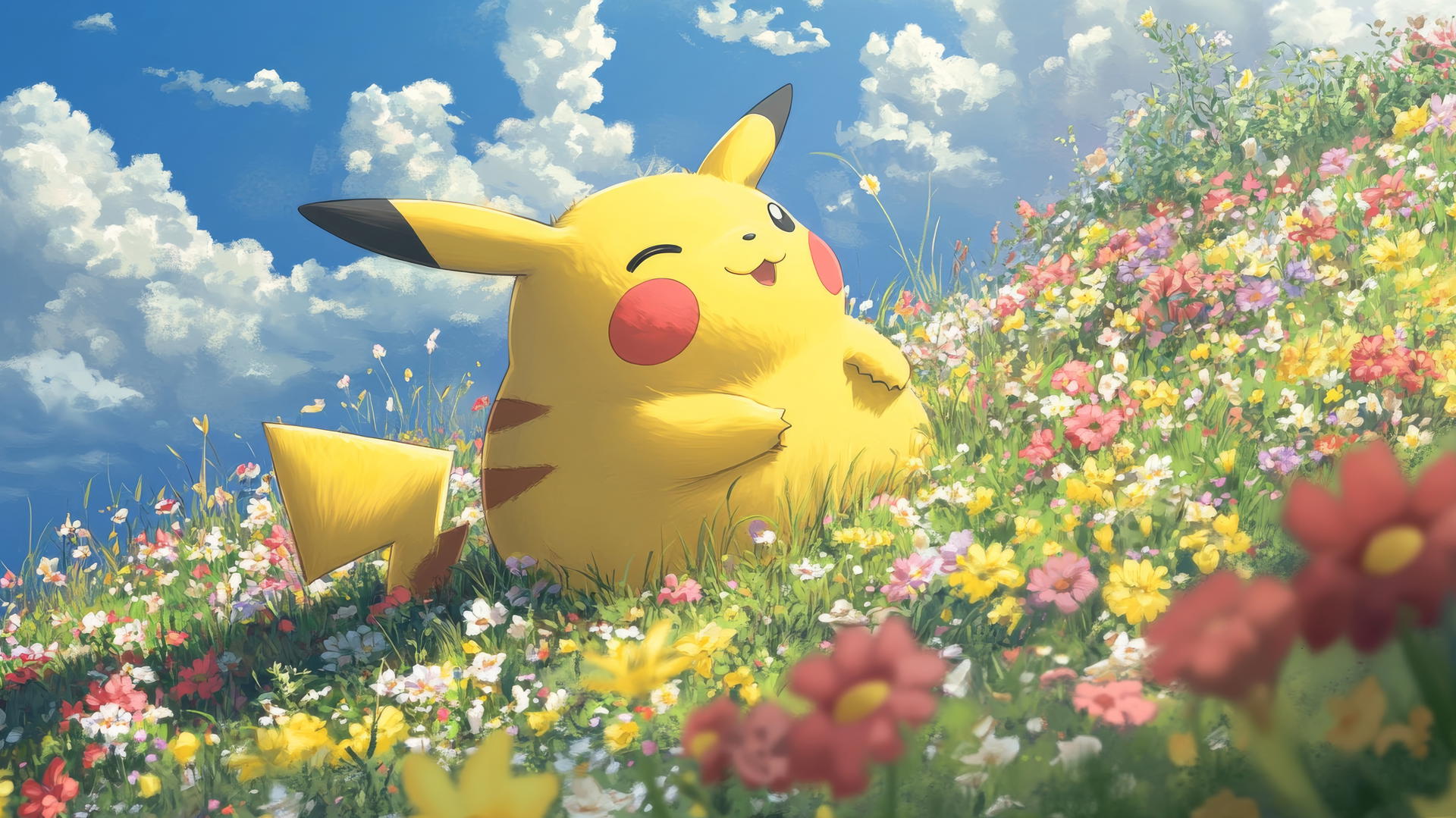 Fat Pikachu rolling down a hill covered in flowers, bright and playful.