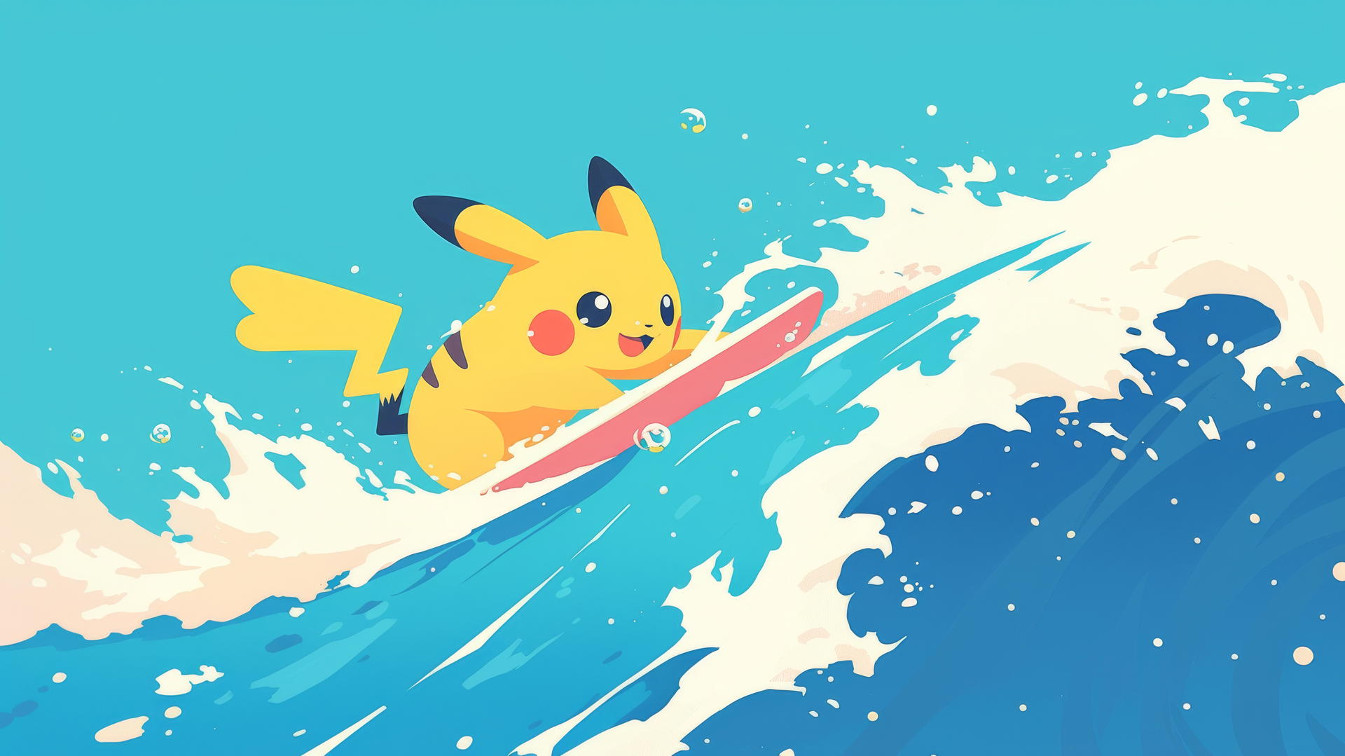 Pikachu surfing in minimalist art style with pastel colors