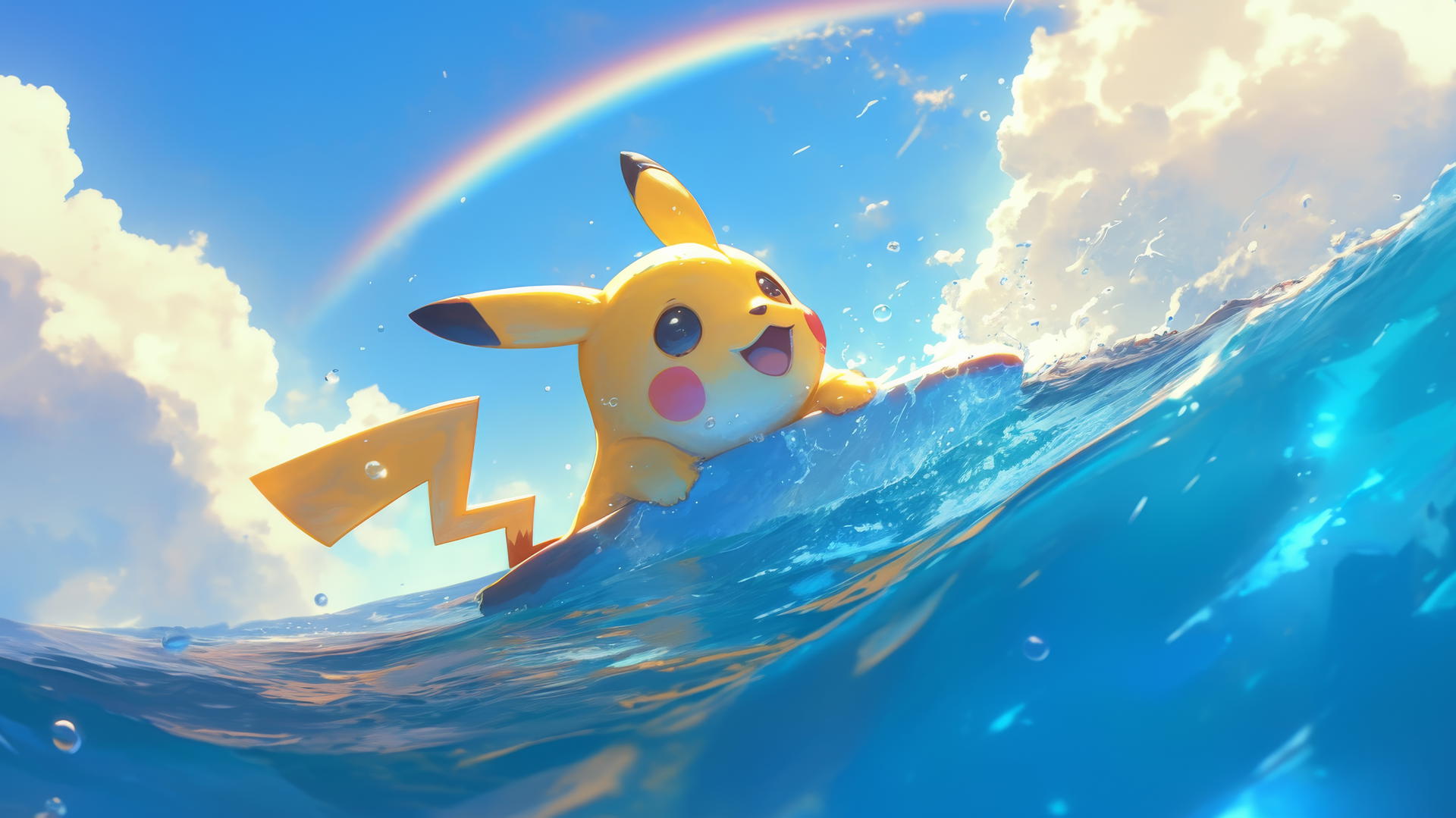 Pikachu surfing on a calm ocean under a rainbow