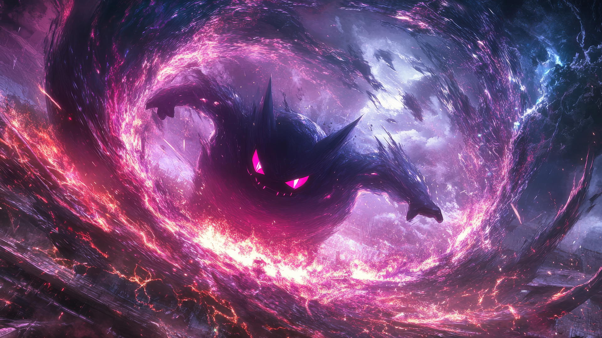 Gengar Pokemon emerging from a swirling portal of dark energy