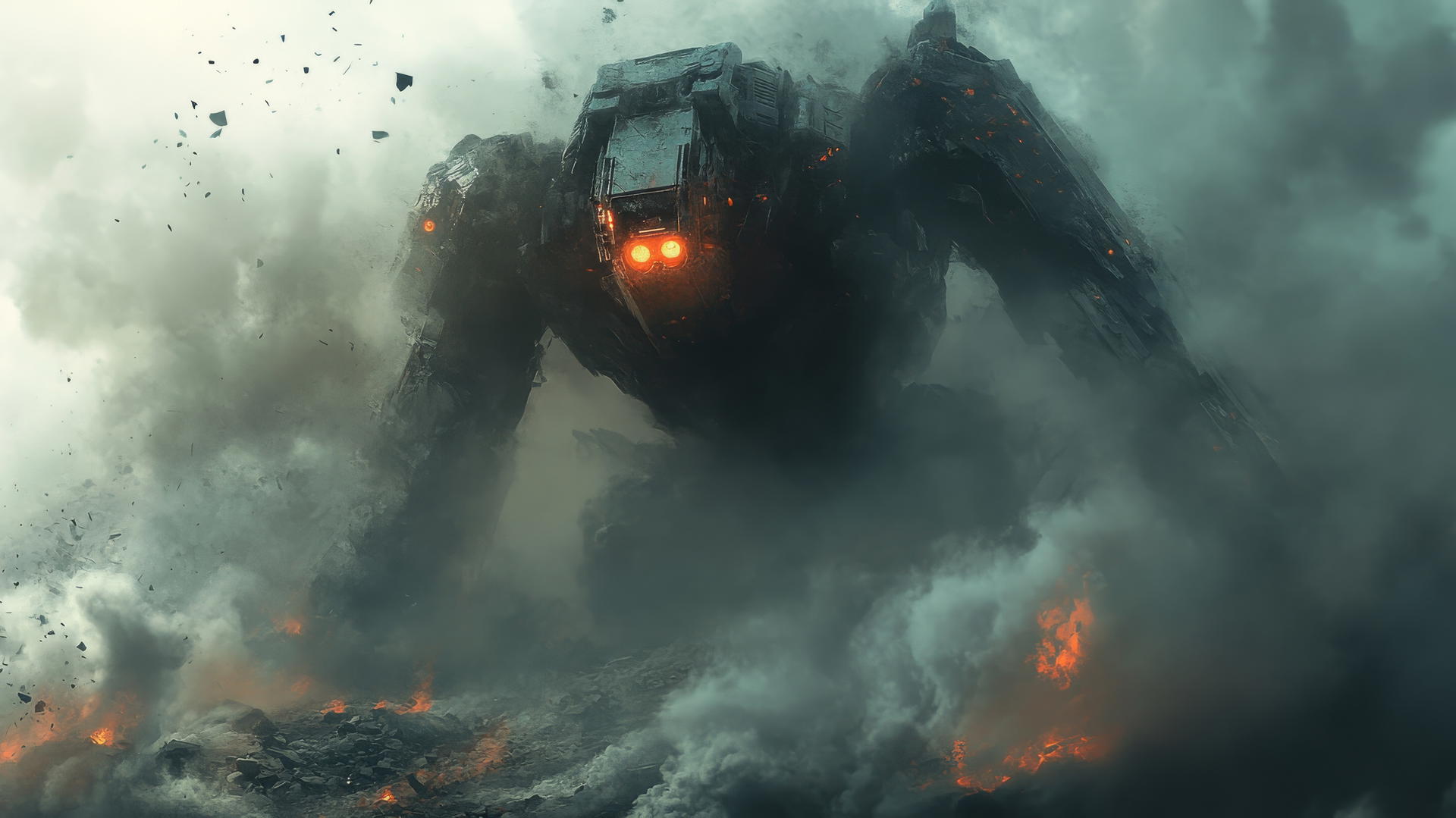 A detailed robot warrior with glowing eyes in a futuristic battlefield, surrounded by smoke and debris, cool wallpapers for boys.