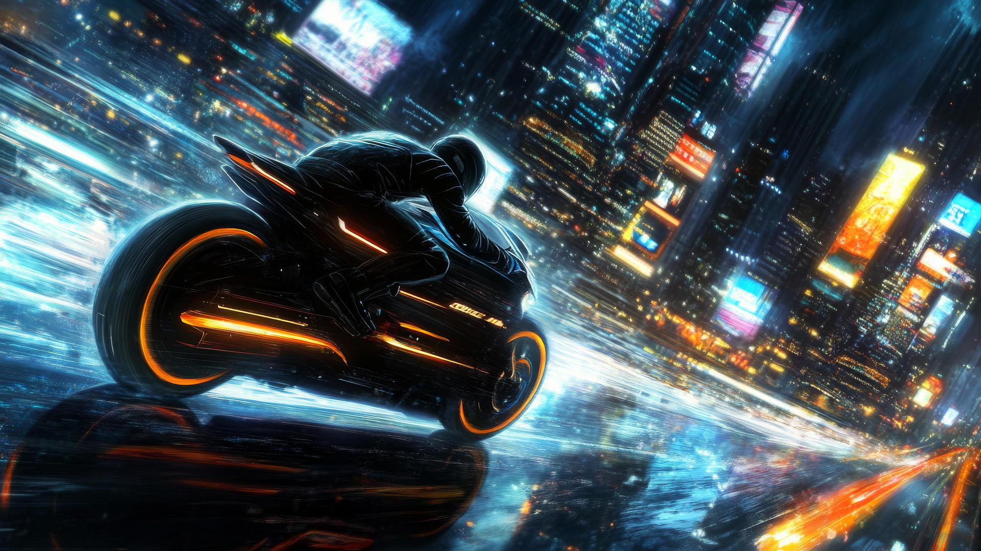 Futuristic motorcycle racing in a high-tech city with holographic billboards, cool wallpapers for boys