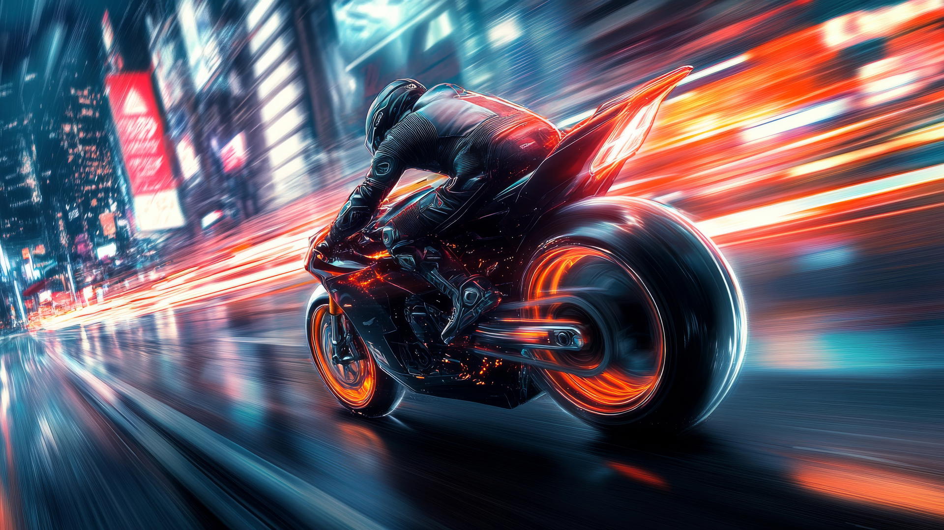Futuristic motorcycle racing in a high-tech city with holographic billboards, cool wallpapers for boys
