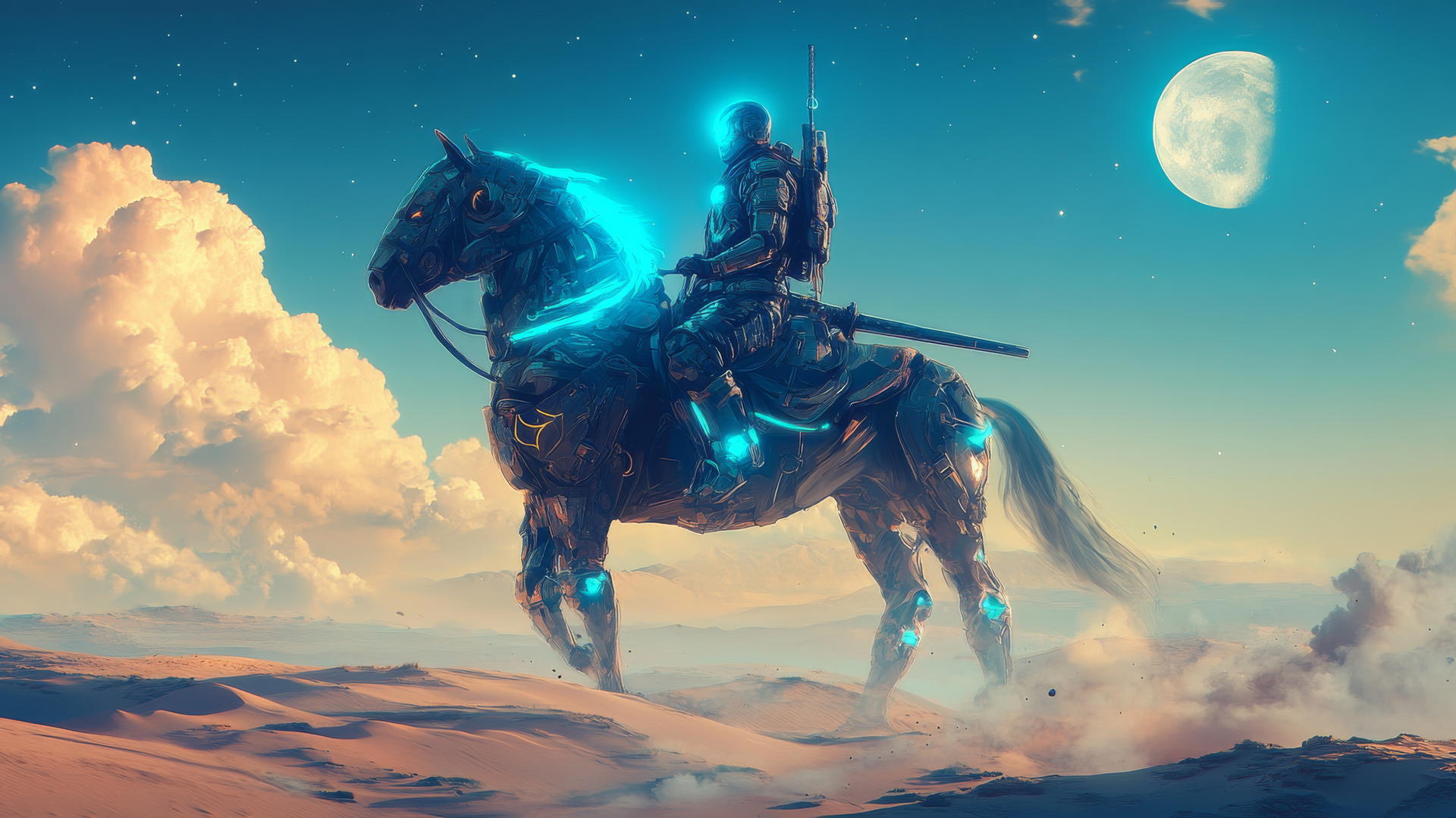 Cool wallpapers for boys with a futuristic samurai in glowing blue armor on a cybernetic horse under two moons.