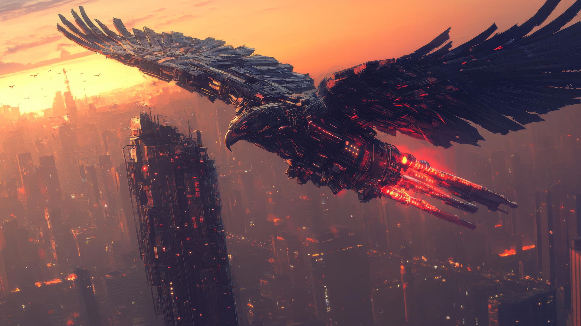 cool wallpapers for boys: robotic eagle soaring over a futuristic city at dawn