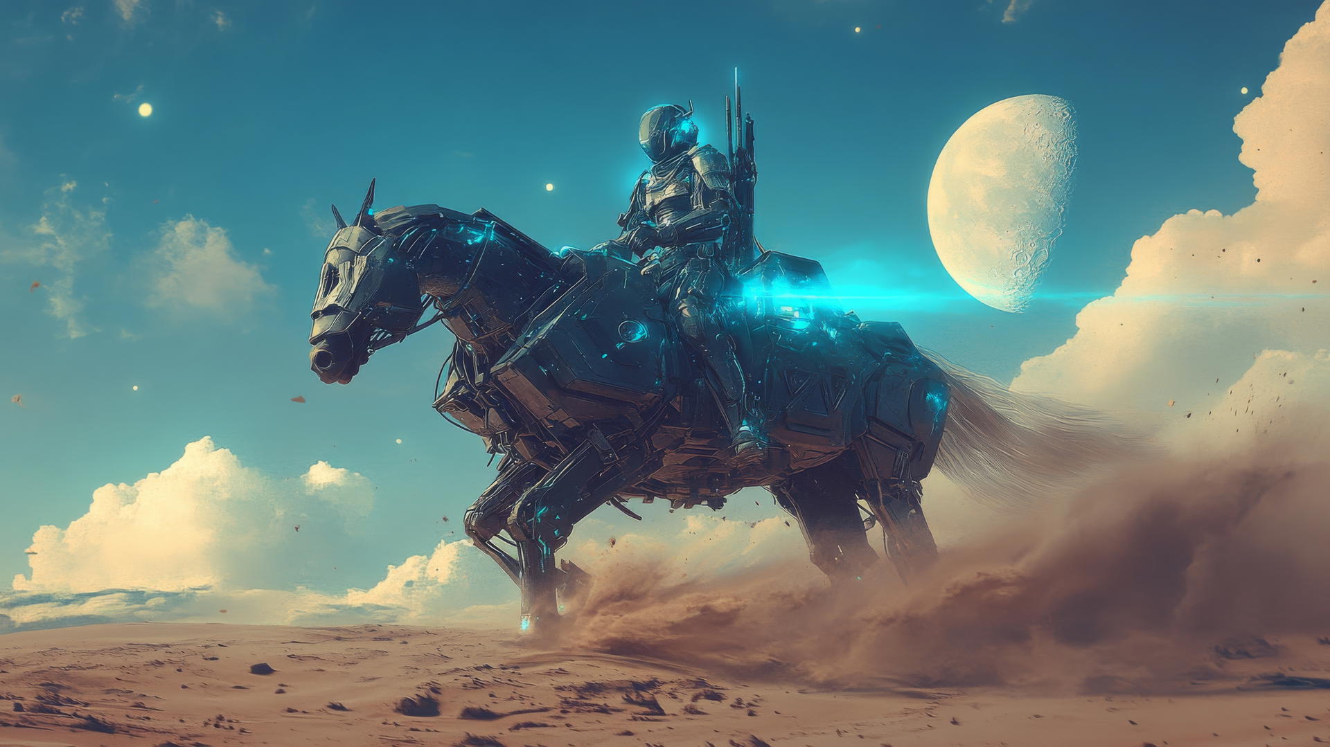 futuristic samurai with glowing blue armor on a cybernetic horse in a desert with two moons