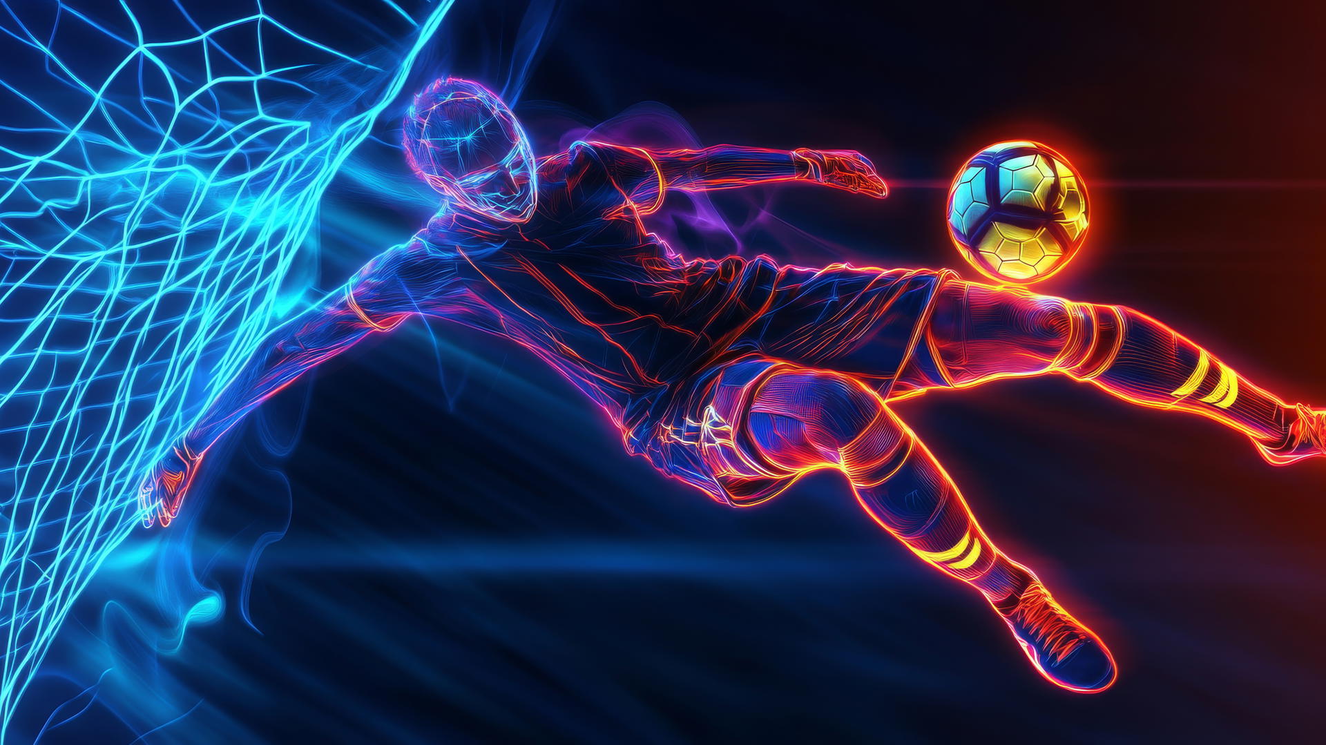 Glowing outline of soccer goalie diving to block a neon-lit ball