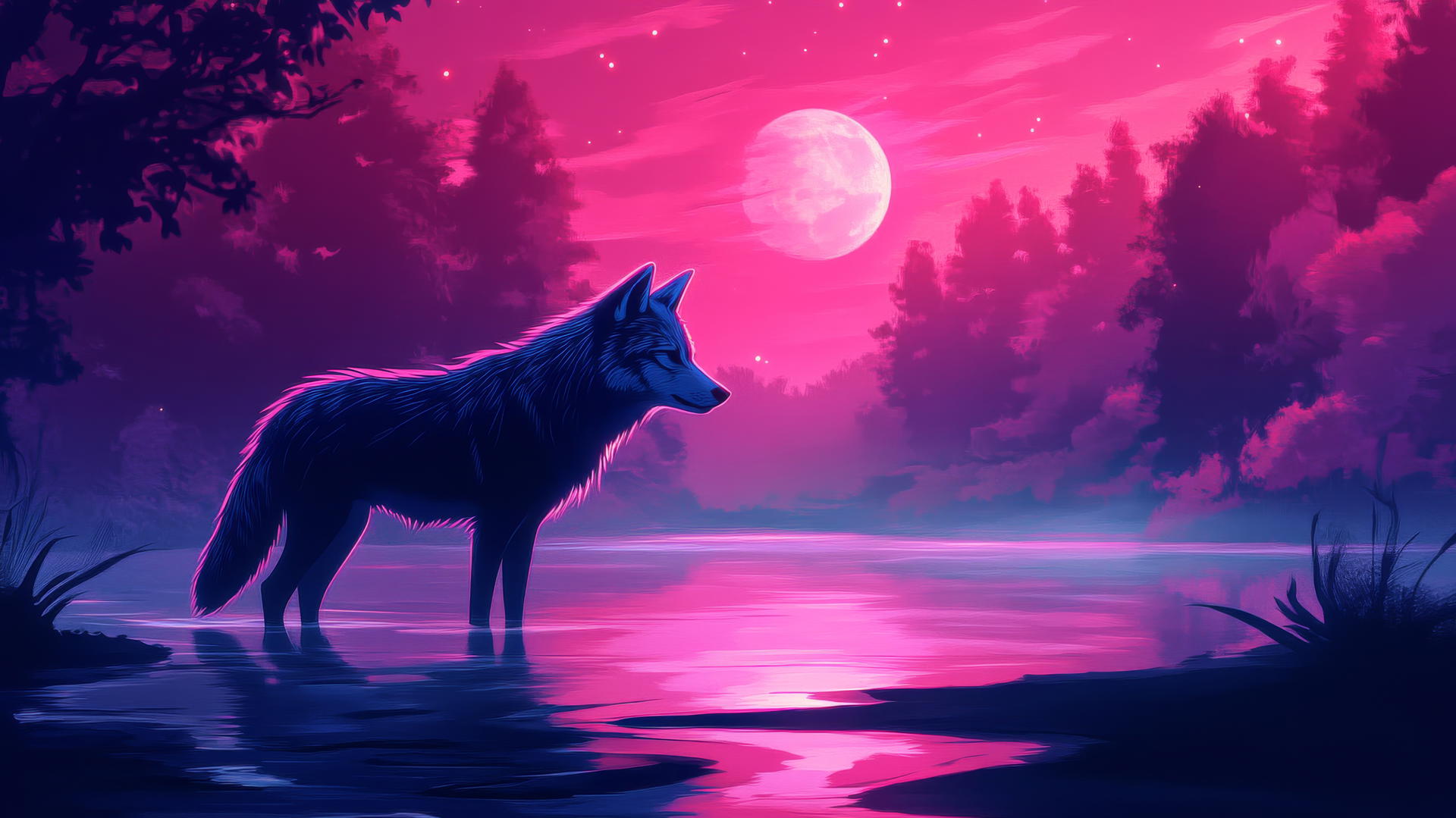 Minimalist outline of a wolf by a glowing river with neon reflections and faint moonlit sky