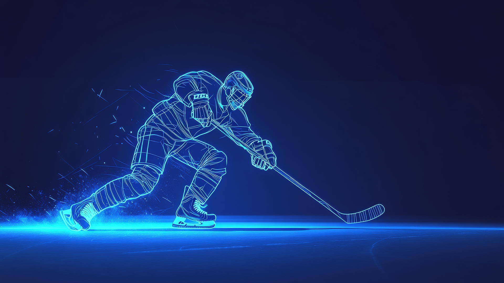 Minimalist design of a hockey goalie making a glove save with glowing outlines.