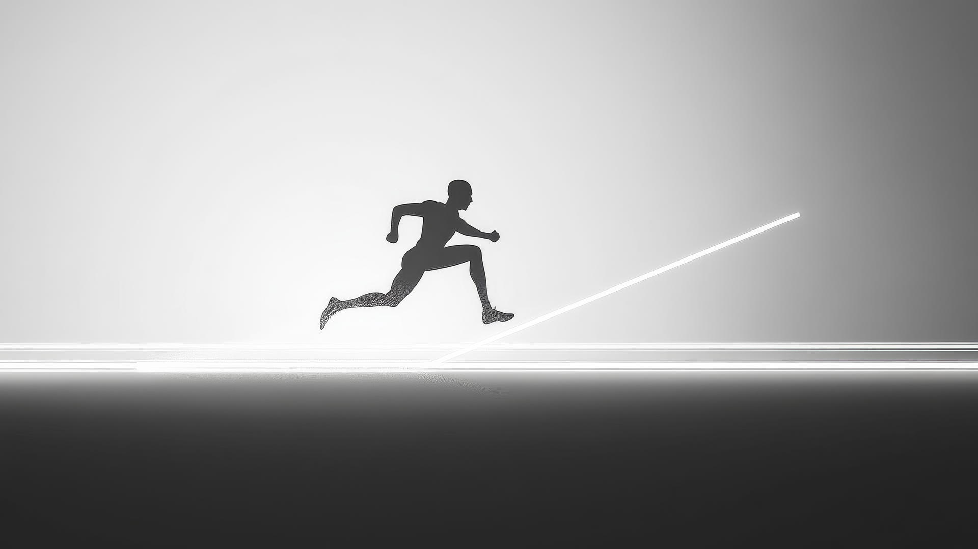 Minimalist runner hurdling over obstacle with glowing outlines on flat track