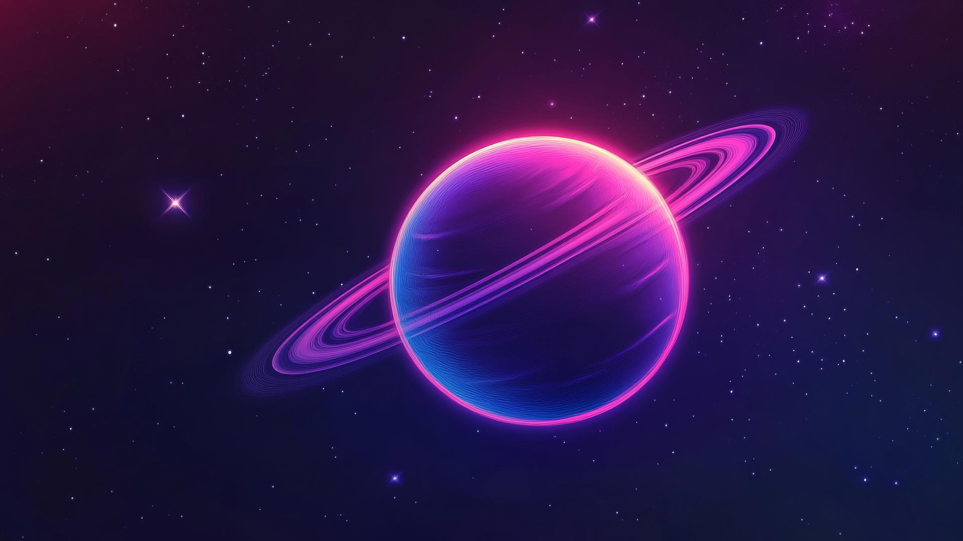 Glowing planet with rings against dark starry background