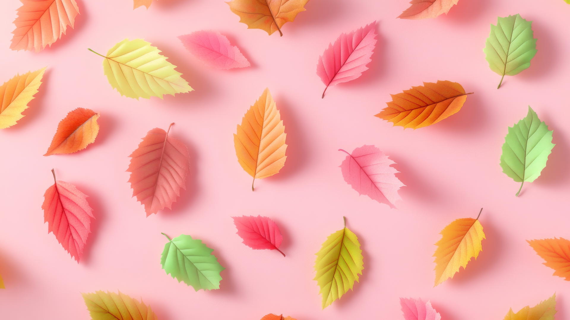 Symmetrical colorful fall leaves on pink