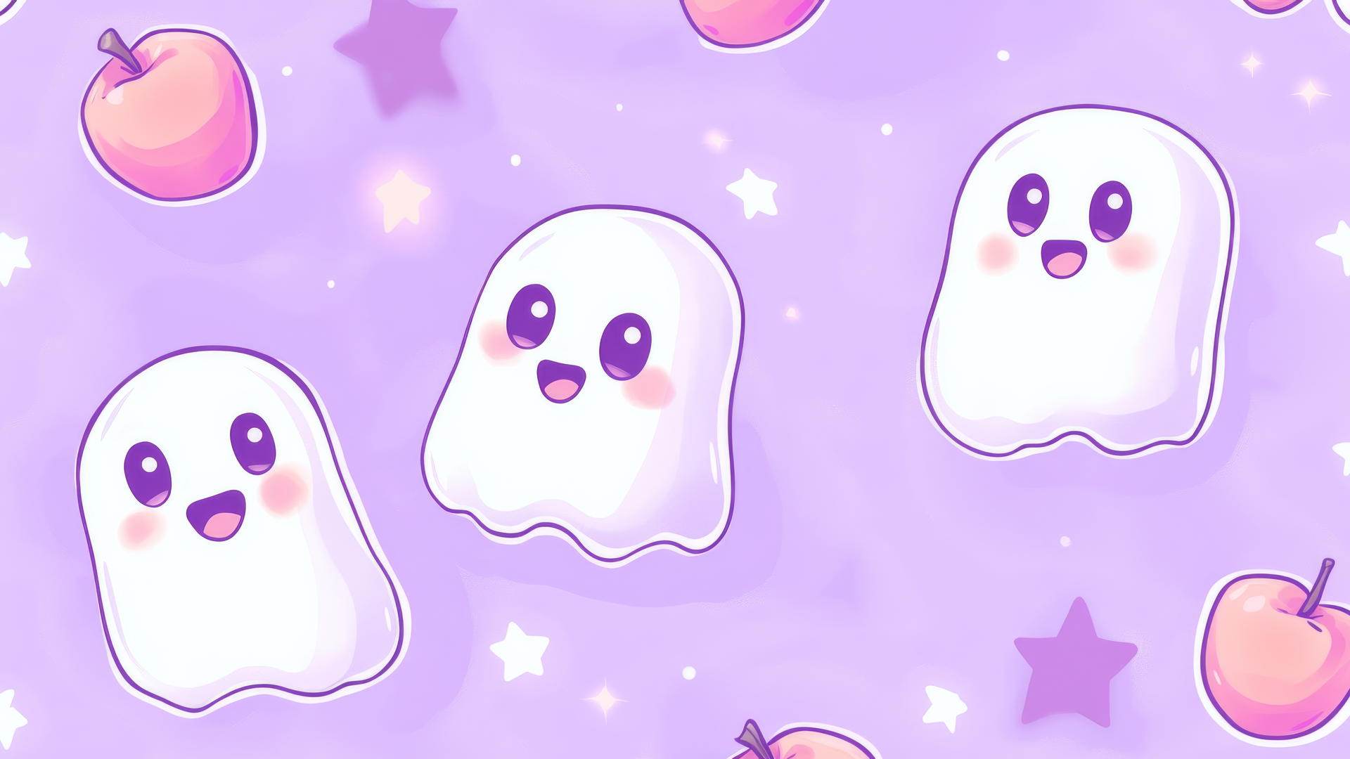 Whimsical ghost and candy apple pattern on lilac background