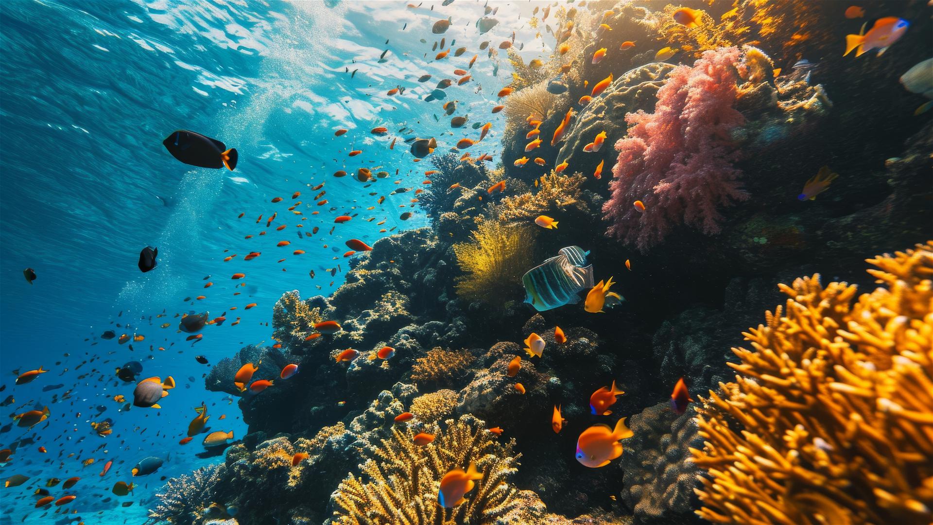 Colorful fish swimming around a vibrant coral reef.