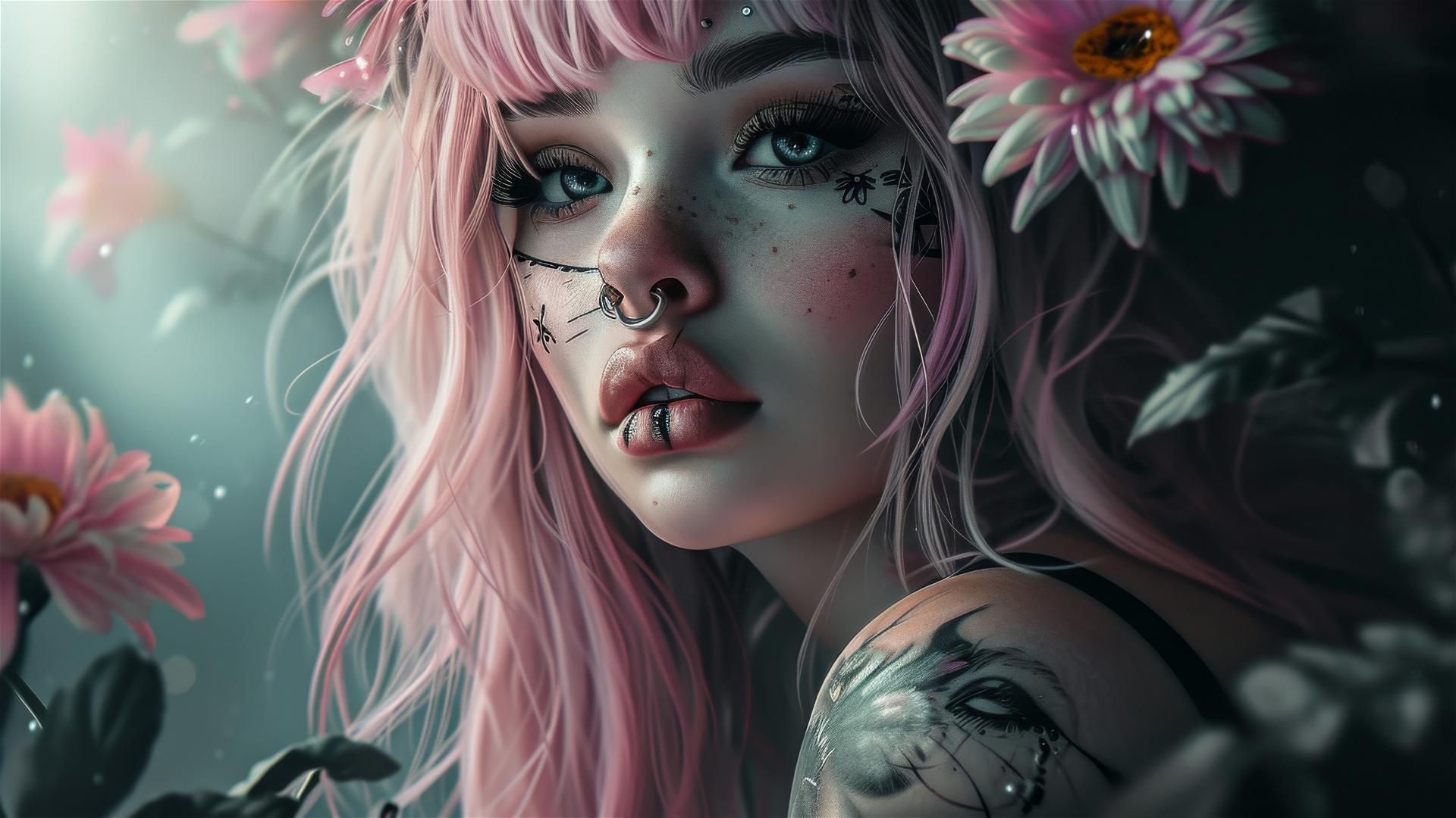 Kawaii tattoo style portrait of a young woman with light pink and dark amber accents.