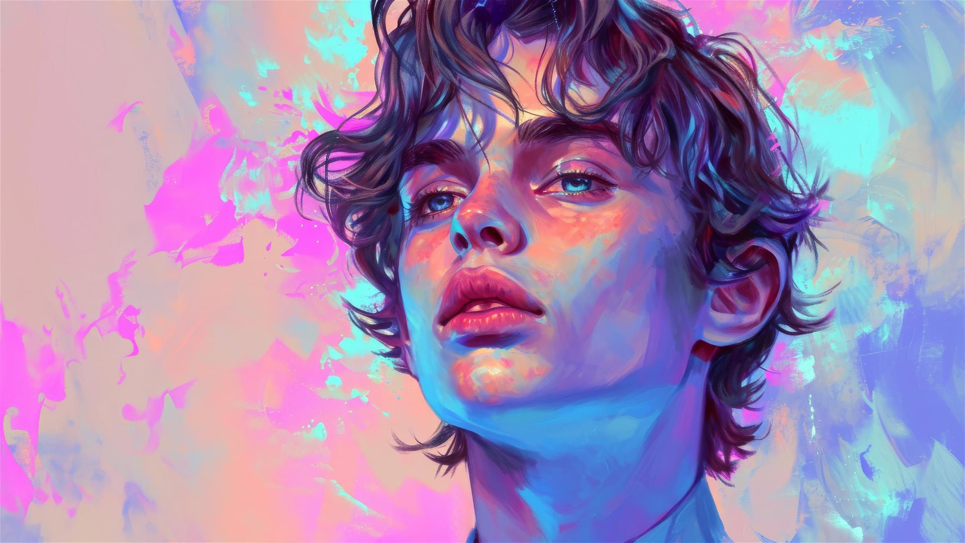 Kawaii tattoo-style young boy in blue and pink with distinctive nose.