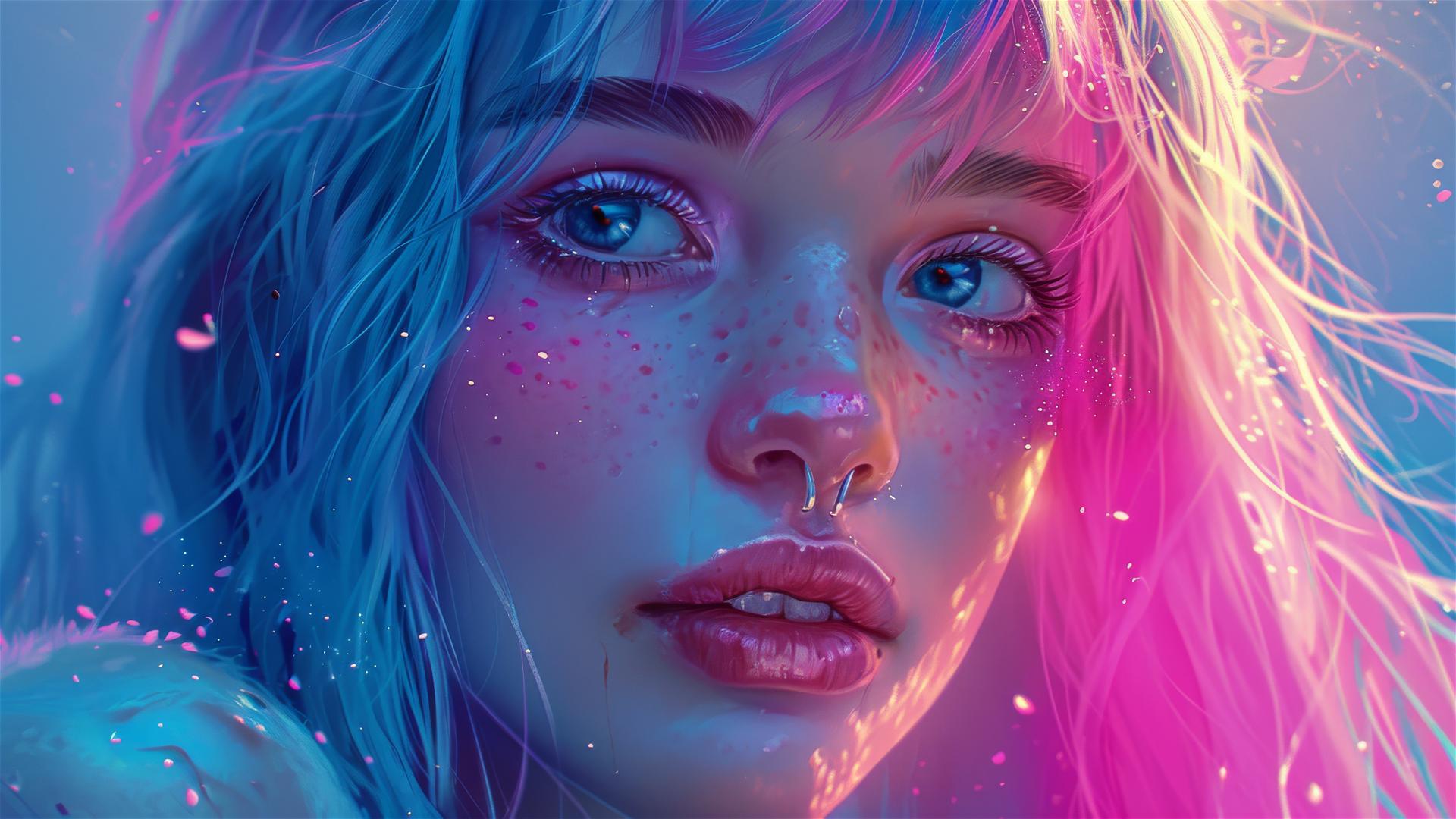 Kawaii tattoo-style young woman in blue and pink