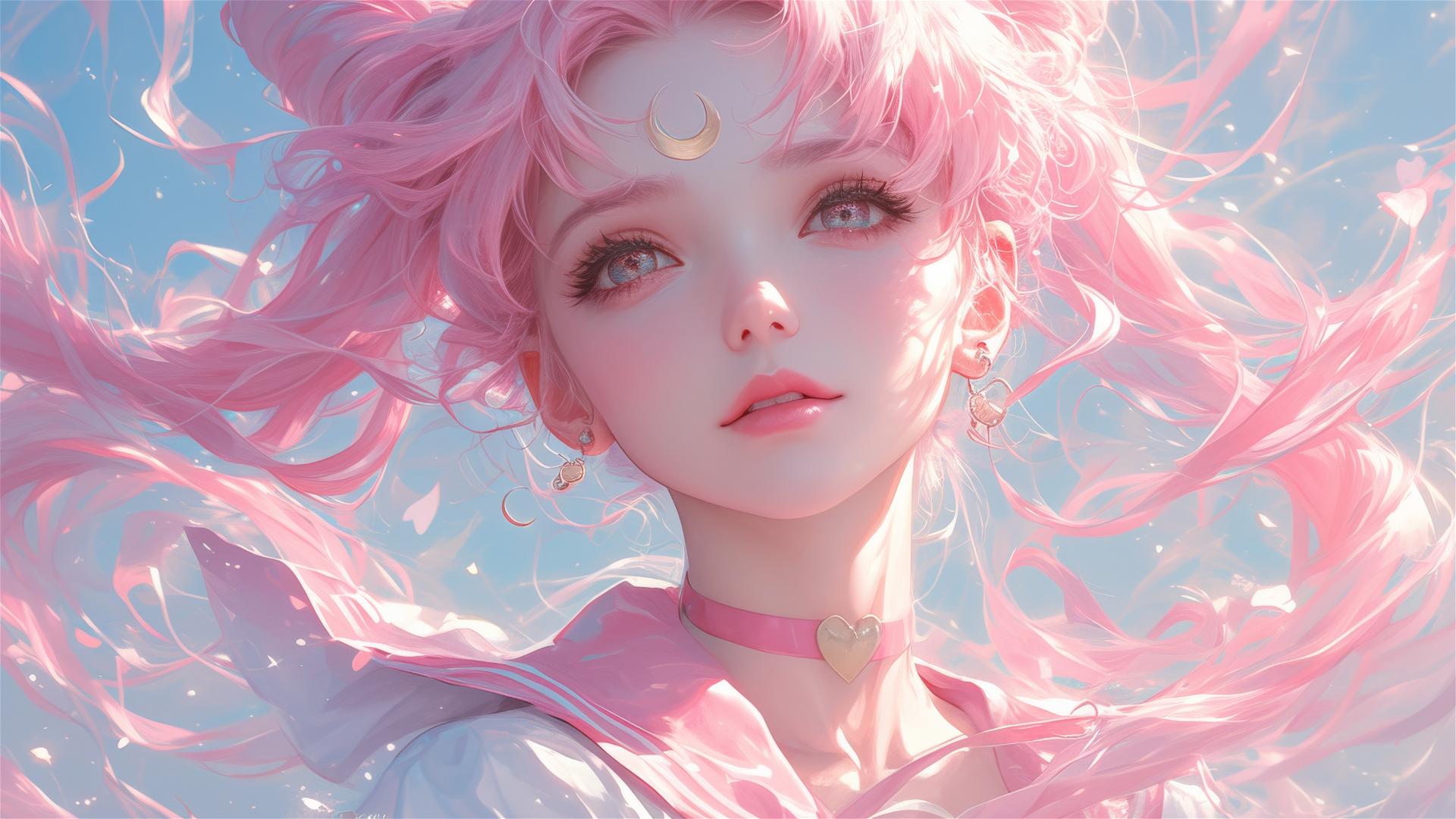 Illustration of shy girl with long pink hair in 1980s anime style, inspired by Sailor Moon.