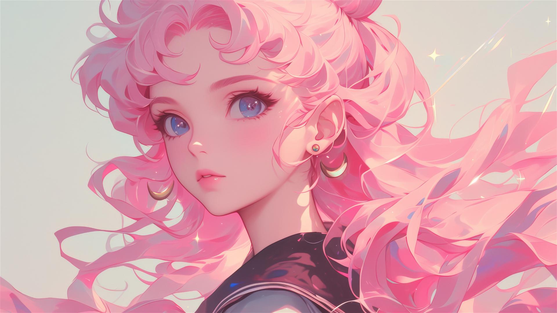 Shy girl with long pink hair in 1980s anime style