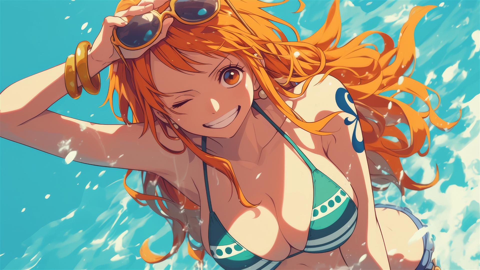 Nami from One Piece in a dynamic Dutch angle pose.