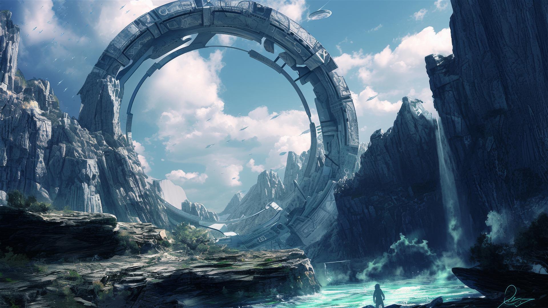 Intergalactic journey through a glowing Stargate