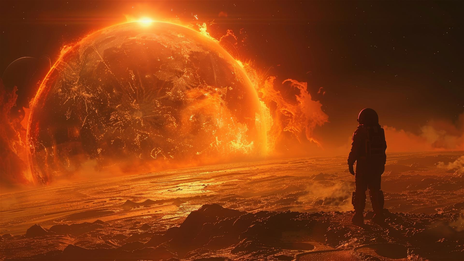 Silhouette against a colorful, utopian alien world.