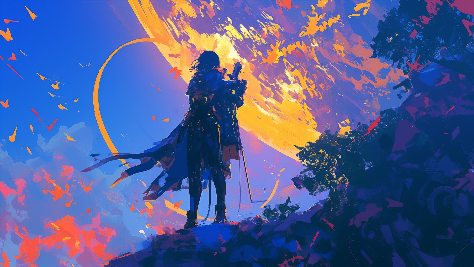 Silhouette against a colorful, utopian alien world