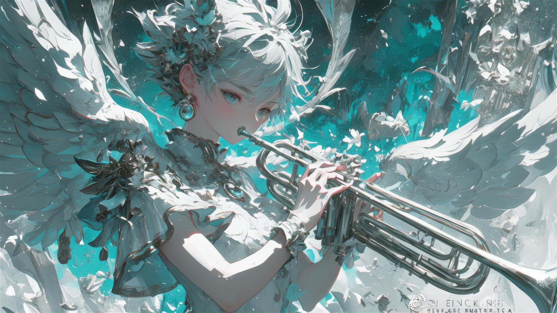 Panoramic view of a fairy playing a euphonium